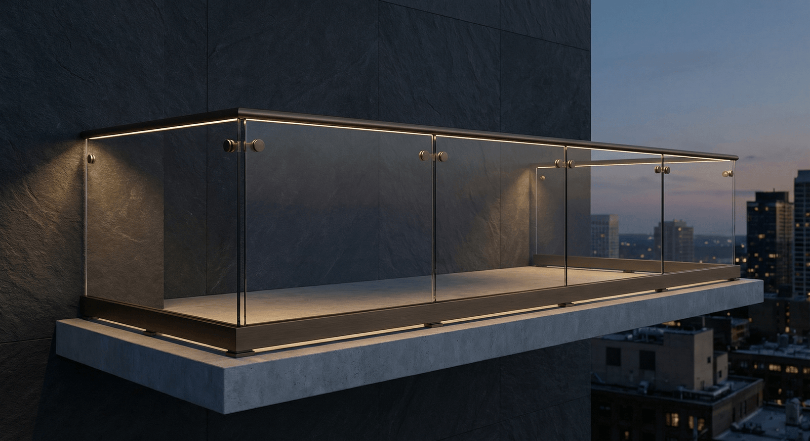 Frameless glass balcony railing system with stainless steel posts - GRT Building